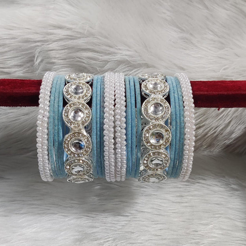 Pooja Bangles Silver Plated Austrian Stone And Velvet Bangles Set