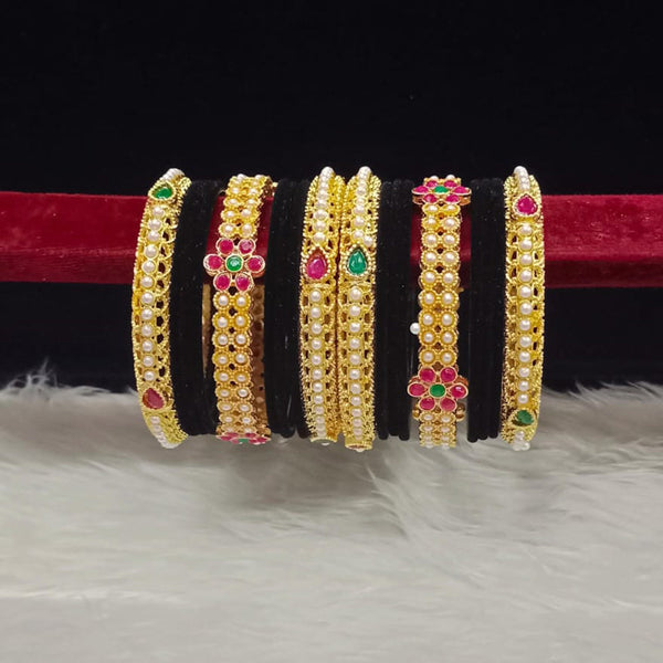 Pooja Bangles Gold Plated Pota Stone And Pearls Velvet Bangles Set