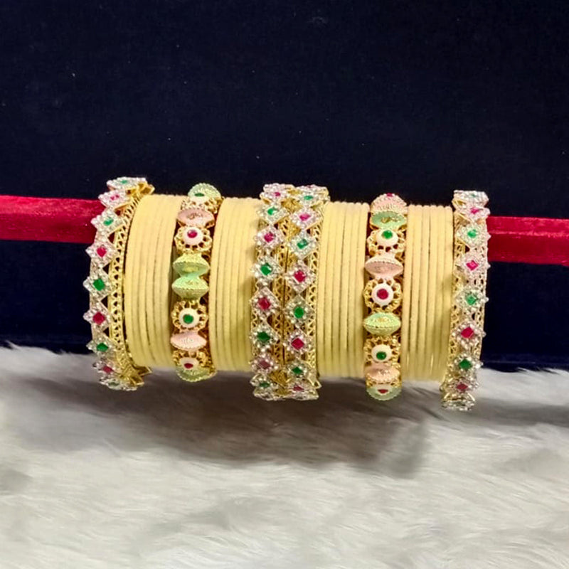 Pooja Bangles Gold Plated Pota Stone And Pearls Velvet Bangles Set