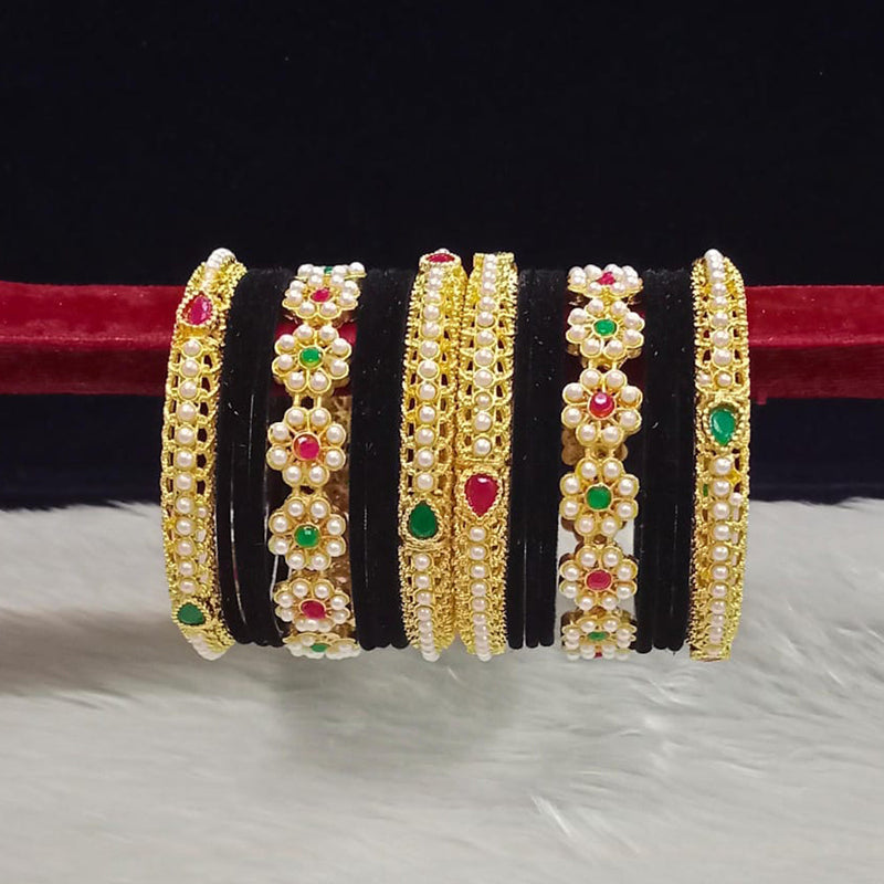 Pooja Bangles Gold Plated Pota Stone And Pearls Velvet Bangles Set