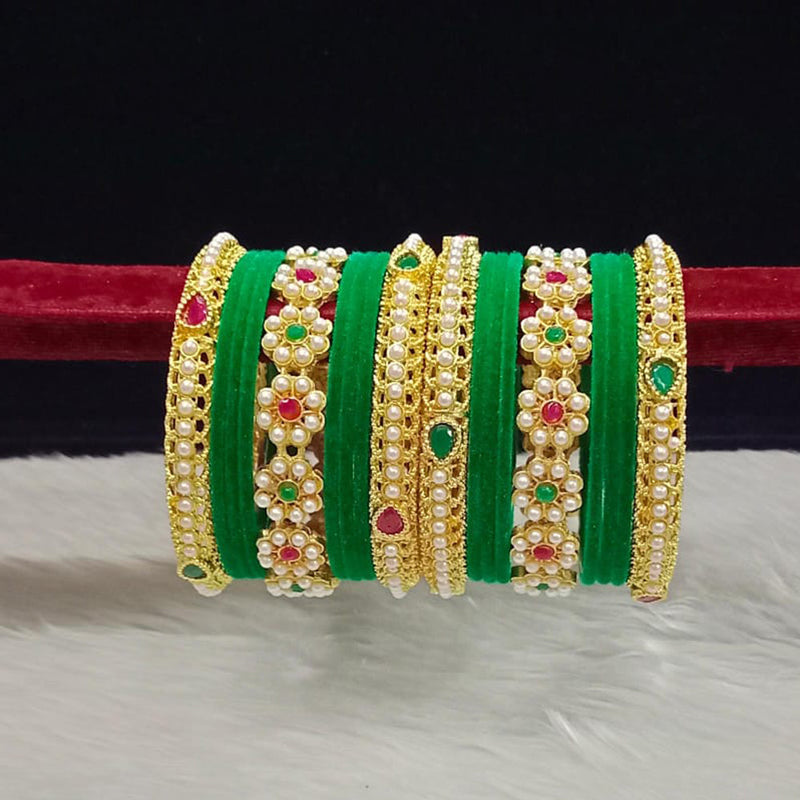 Pooja Bangles Gold Plated Pota Stone And Pearls Velvet Bangles Set