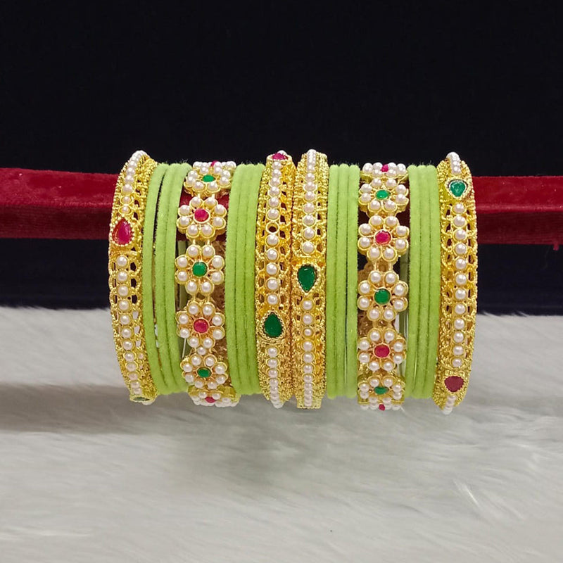 Pooja Bangles Gold Plated Pota Stone And Pearls Velvet Bangles Set