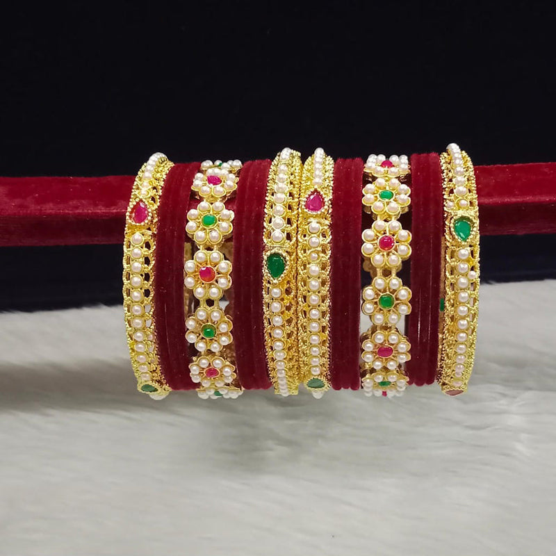 Pooja Bangles Gold Plated Pota Stone And Pearls Velvet Bangles Set