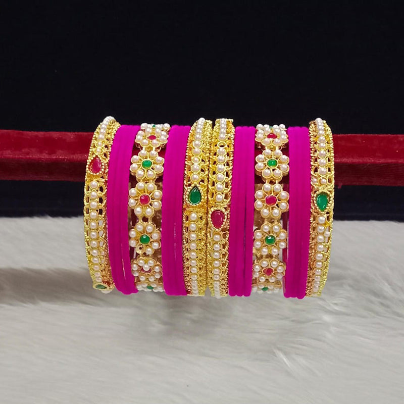 Pooja Bangles Gold Plated Pota Stone And Pearls Velvet Bangles Set