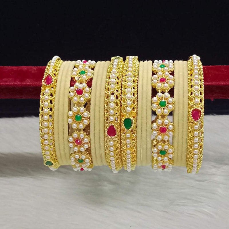 Pooja Bangles Gold Plated Pota Stone And Pearls Velvet Bangles Set