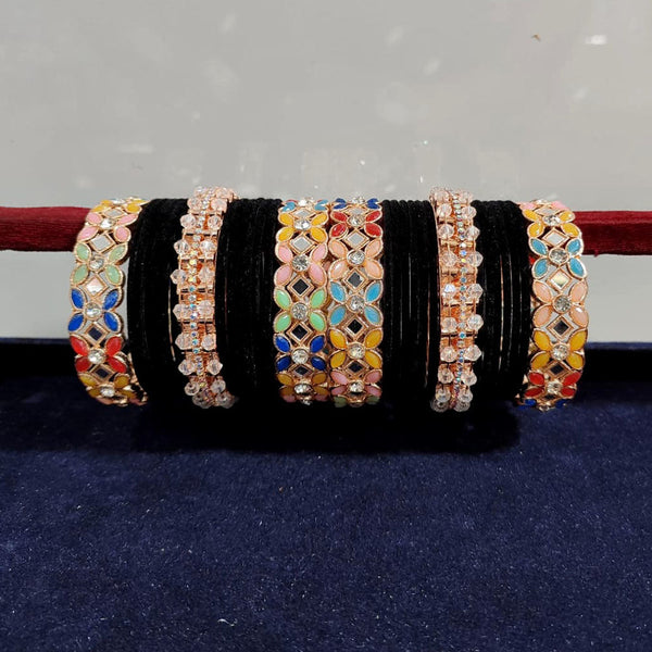 Pooja Bangles Rose Gold Plated Crystal Stone And Mirror Velvet Bangles Set