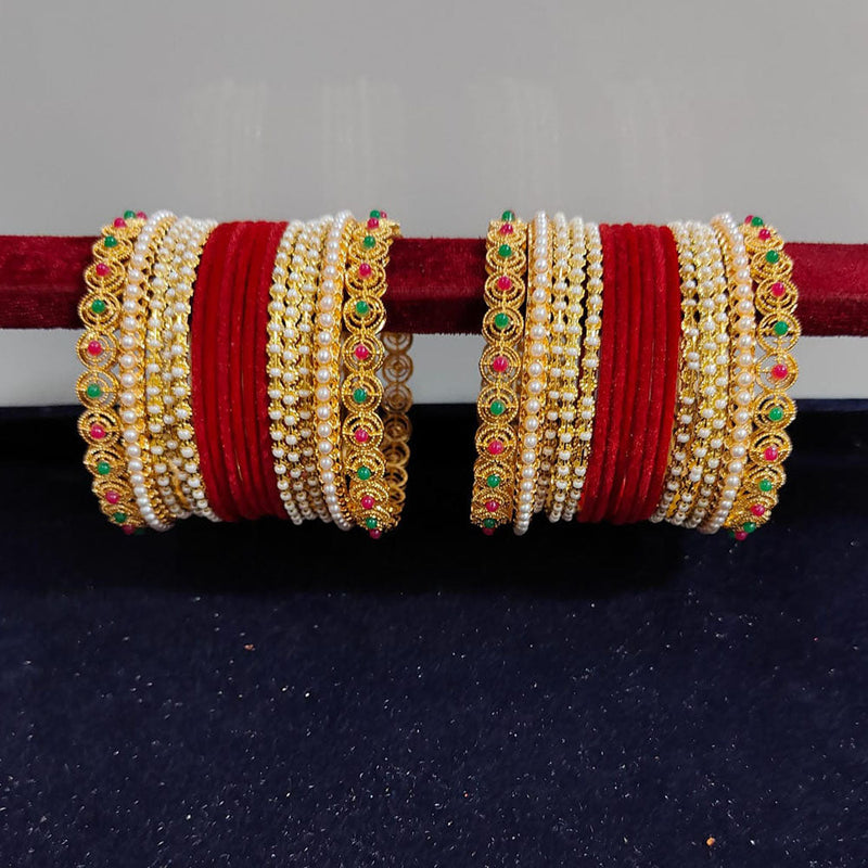 Pooja Bangles Gold Plated Pearls Velvet Bangles Set