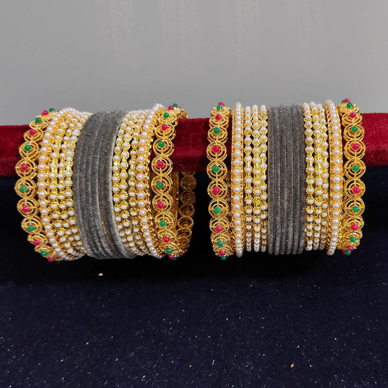 Pooja Bangles Gold Plated Pearls Velvet Bangles Set