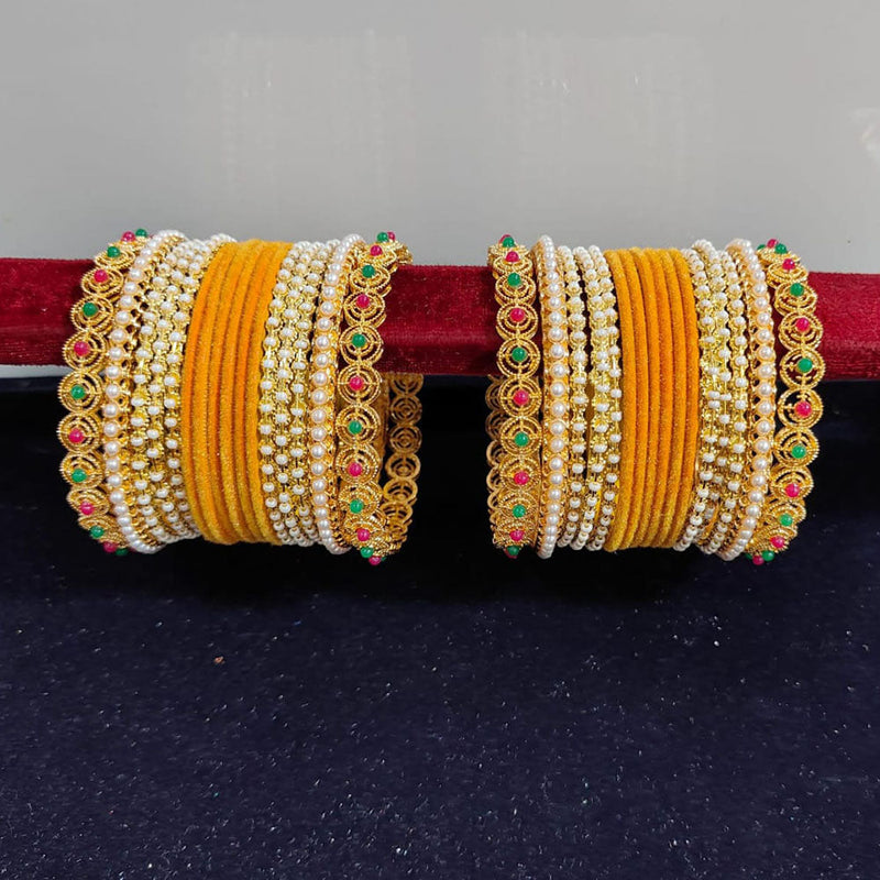 Pooja Bangles Gold Plated Pearls Velvet Bangles Set