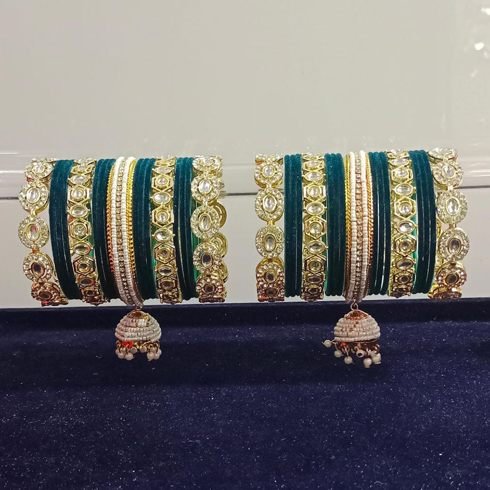 Pooja Bangles Gold Plated Kundan Stone And Pearls Velvet Bangles Set