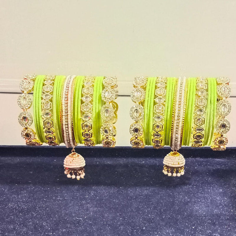 Pooja Bangles Gold Plated Kundan Stone And Pearls Velvet Bangles Set