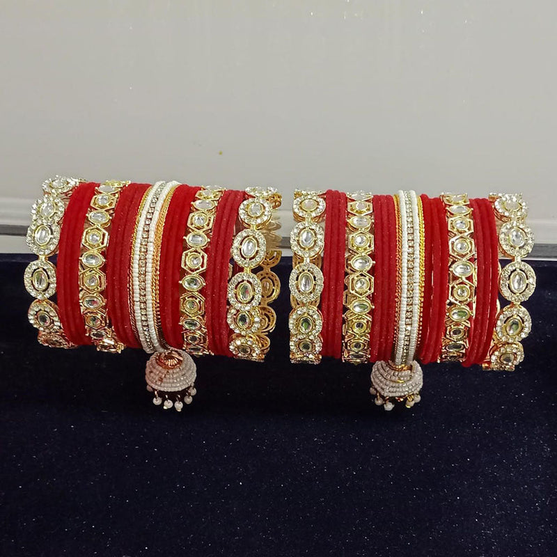 Pooja Bangles Gold Plated Kundan Stone And Pearls Velvet Bangles Set