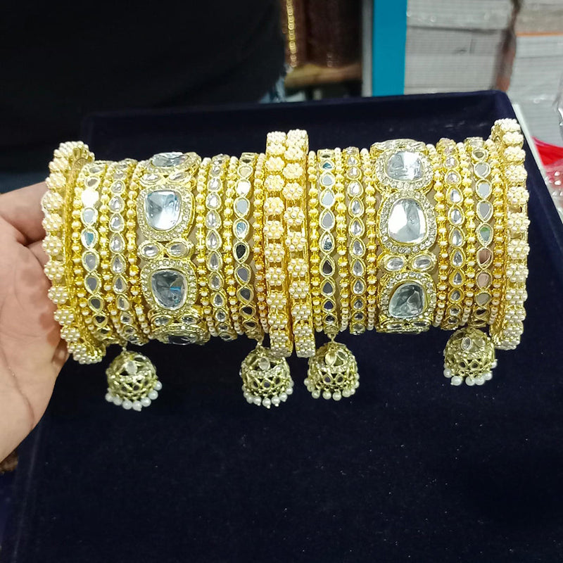 Pooja Bangles Gold Plated Pearl And Kundan Stone  Bangle Set