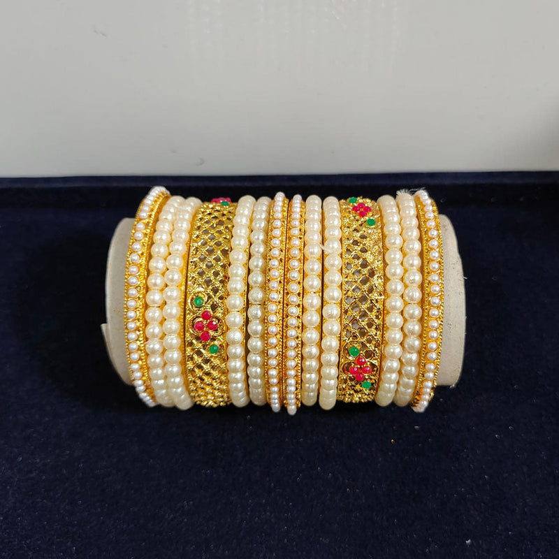 Pooja Bangles Gold Plated Crystal Stone And Pearls Bangles Set