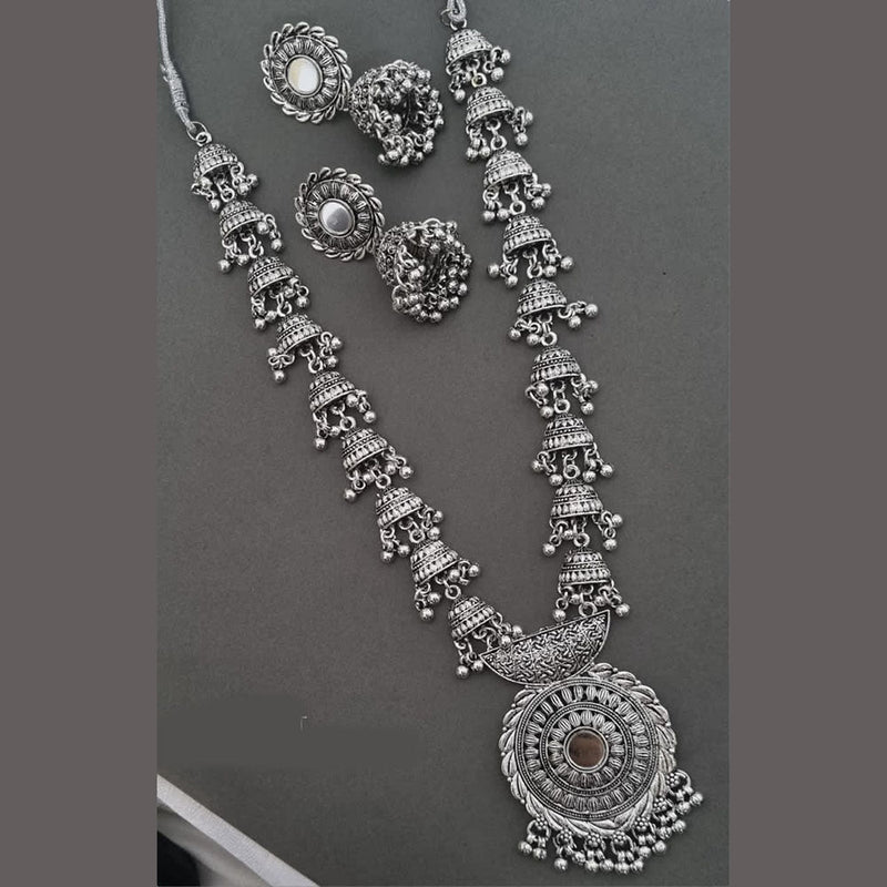 Pooja Bangles Oxidised Plated Mirror Long Necklace Set