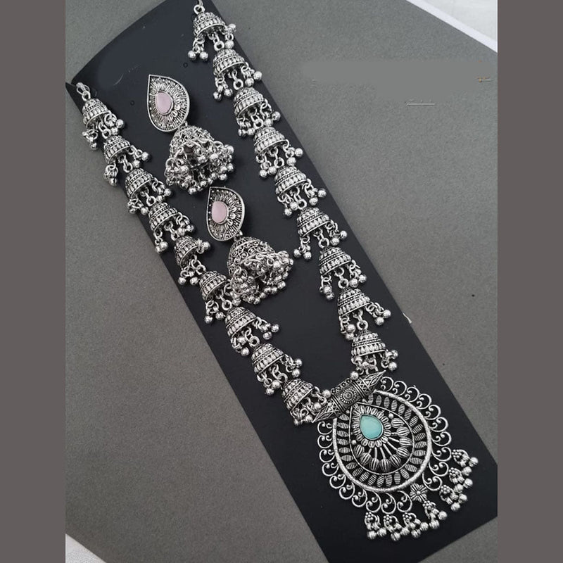 Pooja Bangles Oxidised Plated Pota Stone Long Necklace Set