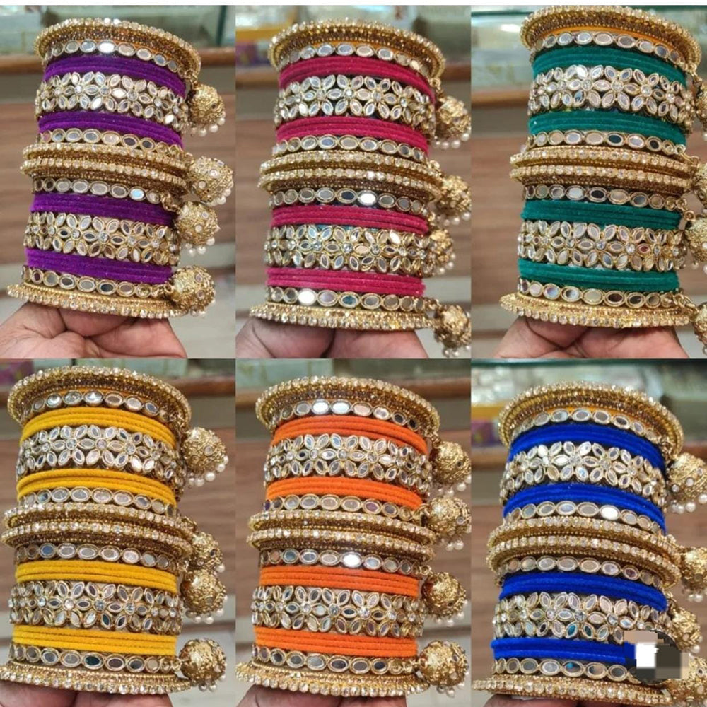 Pooja Bangles Gold Plated Mirror And Velvet Bangles Set