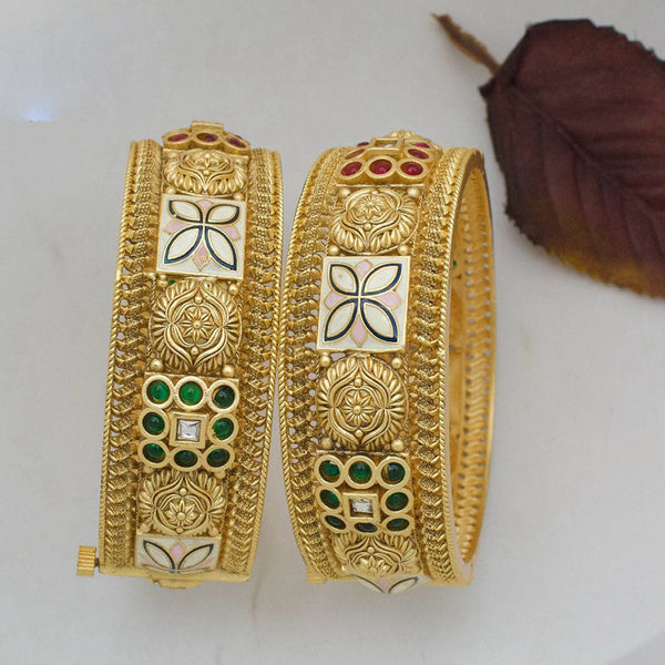 Pooja Bangles Gold Plated Pota Stone Openable Bangle Set