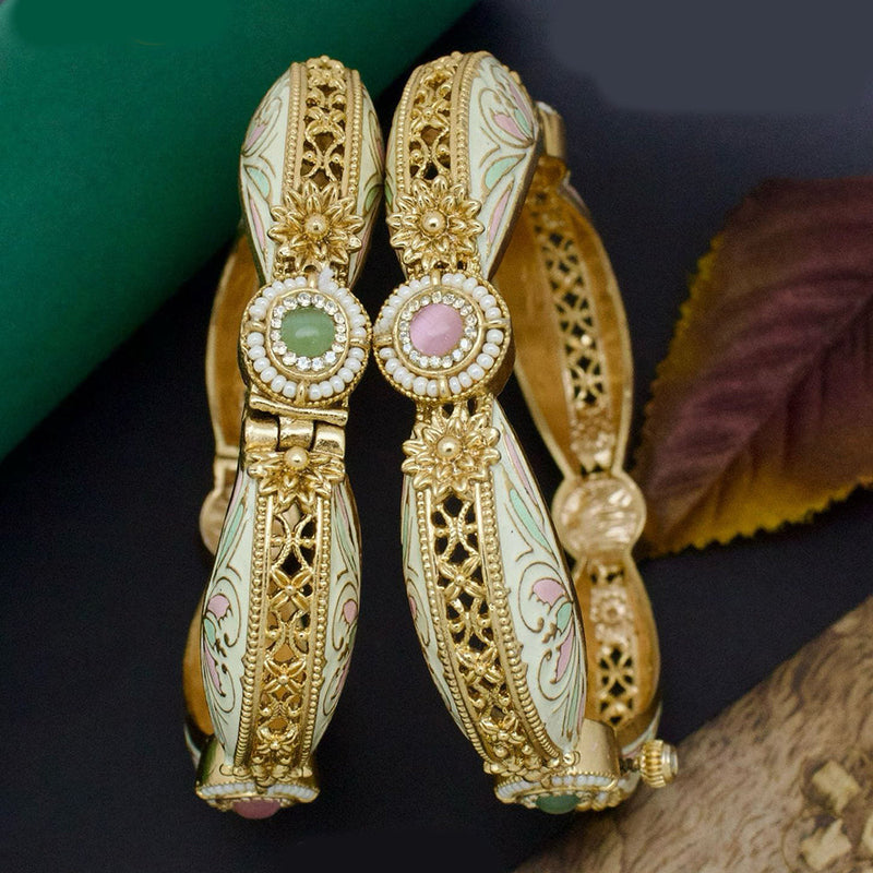 Pooja Bangles Gold Plated Pota Stone And Pearls Openable Bangle Set