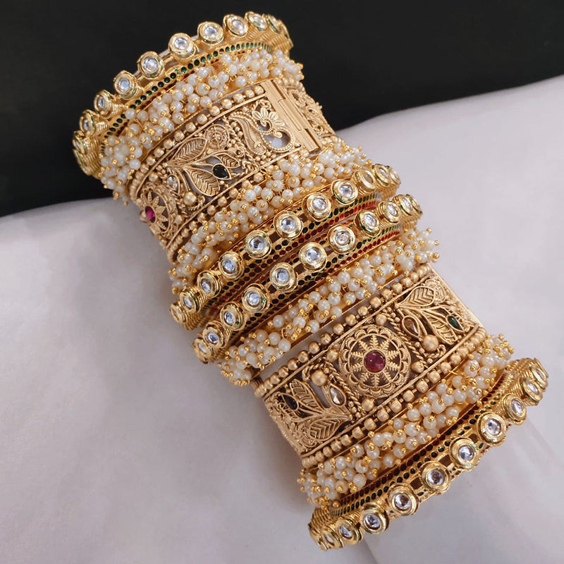 Pooja Bangles Gold Plated Kundan Stone And Pearls Openable Bangle Set