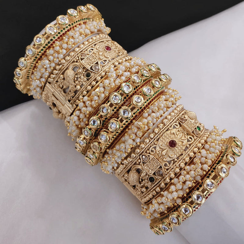 Pooja Bangles Gold Plated Kundan Stone And Pearls Openable Bangle Set