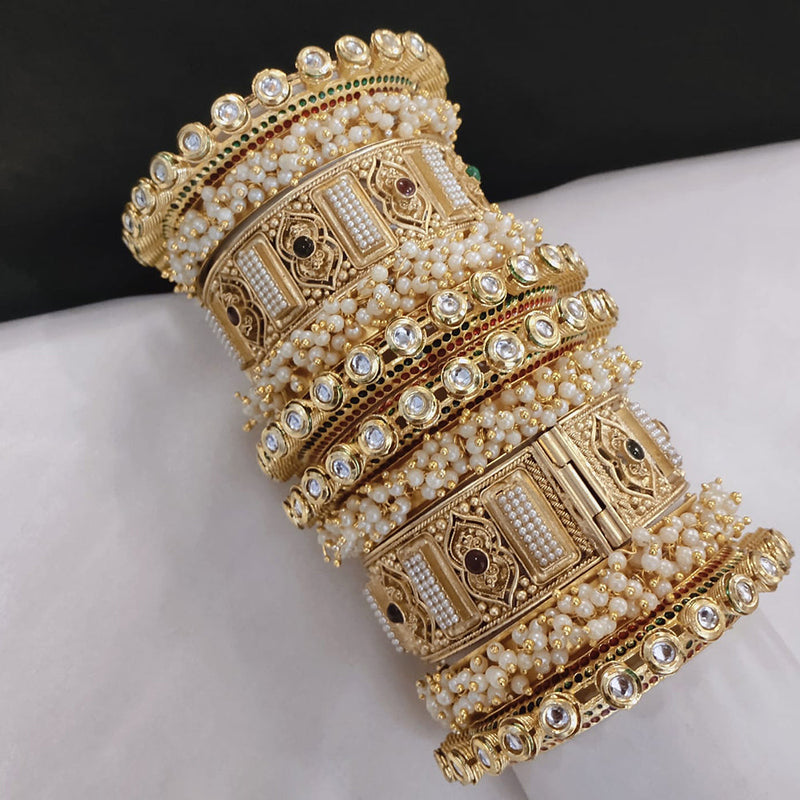 Pooja Bangles Gold Plated Kundan Stone And Pearls Openable Bangle Set