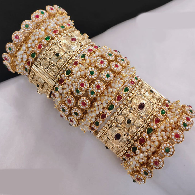 Pooja Bangles Gold Plated Kundan Stone And Pearls Openable Bangle Set