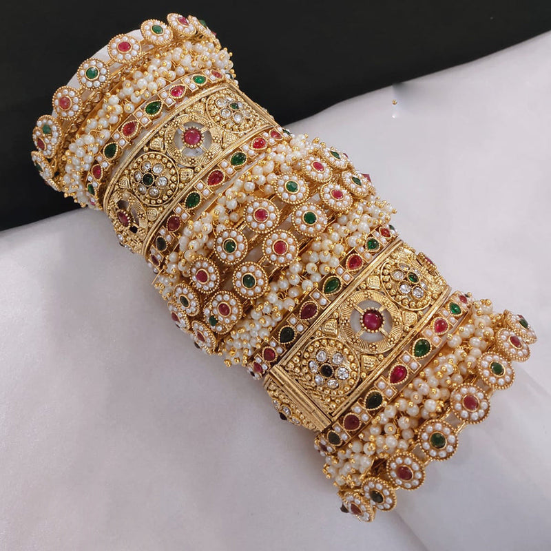 Pooja Bangles Gold Plated Kundan Stone And Pearls Openable Bangle Set