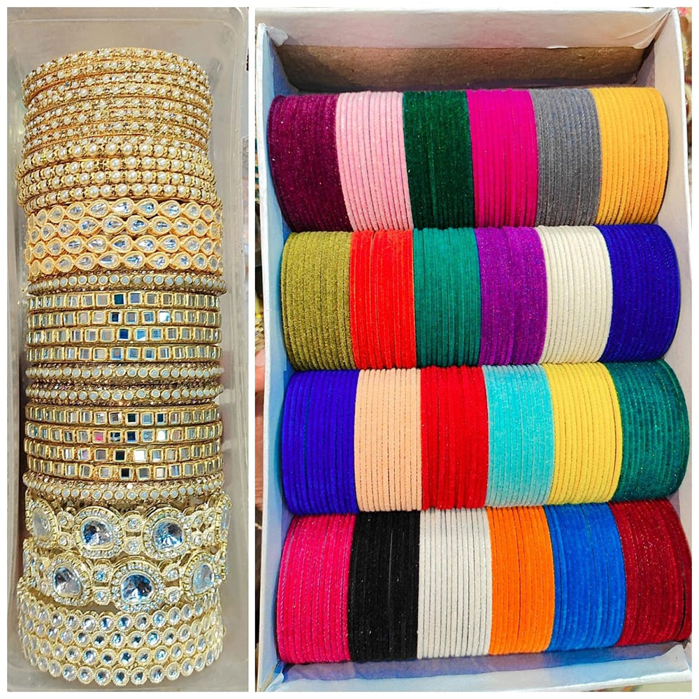 Pooja Bangles Gold Plated Kundan Stone Velvet Bangles Set (Assorted Color )