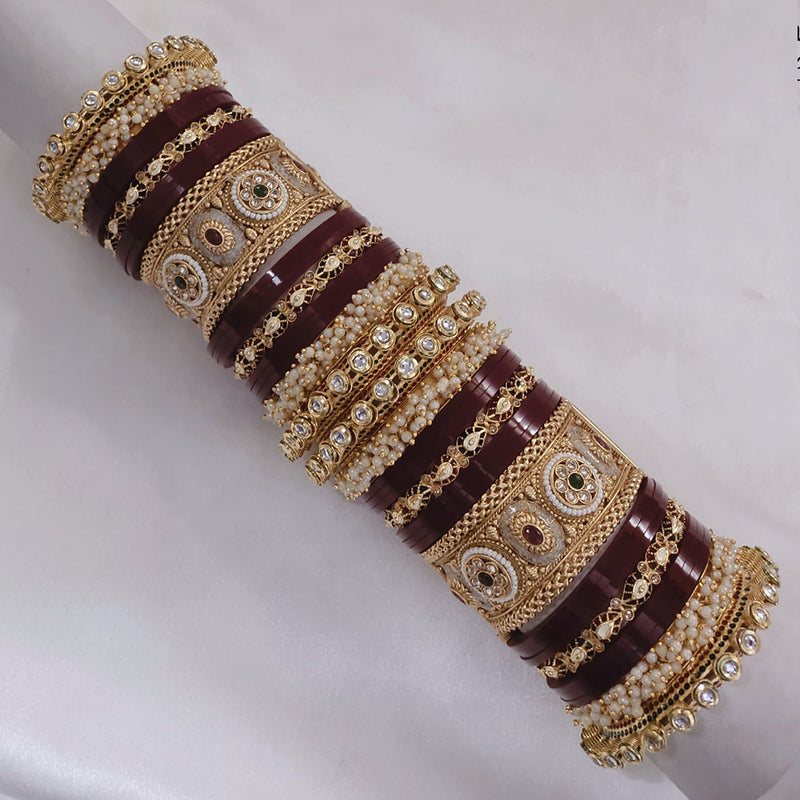 Pooja Bangles Gold Plated Kundan Stone And Pearls Bridal Chura Bangle Set