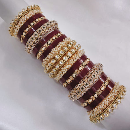 Pooja Bangles Gold Plated Kundan Stone And Pearls Bridal Chura Bangle Set