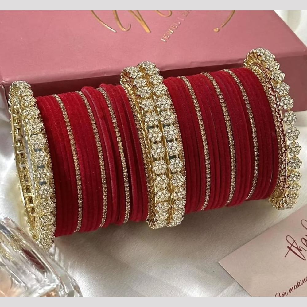 Pooja Bangles Gold Plated Austrian Stone And Pearls Velvet Bangles Set