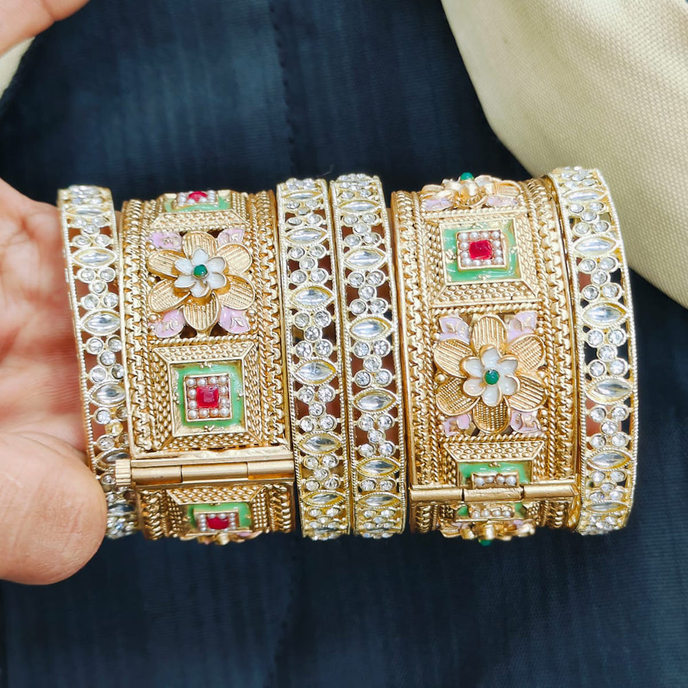 Pooja Bangles Gold Plated Kundan Stone And Meenakari Openable Bangles Set