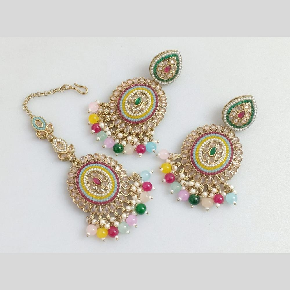Pooja Bangles Gold Plated Crystal  And Beads Designer Earrings with Maangtikka Set