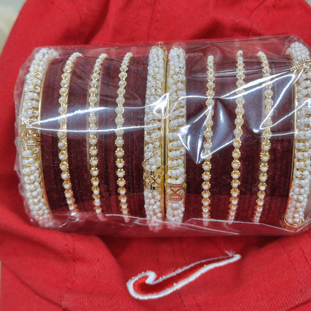 Pooja Bangles Gold Plated Pearl And Velvet Bangles Set