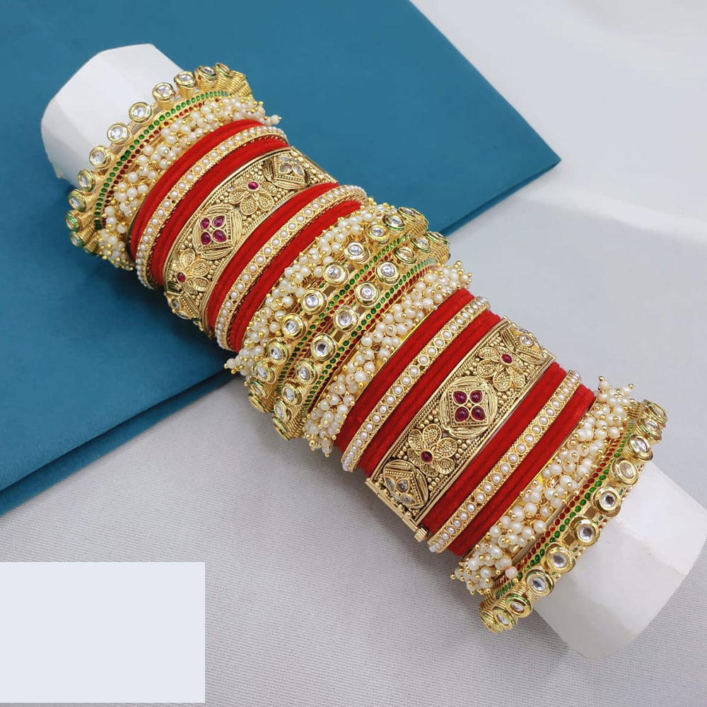 Pooja Bangles Traditional Kundan And Pearl Velvet Bangles Set Perfect For Wedding