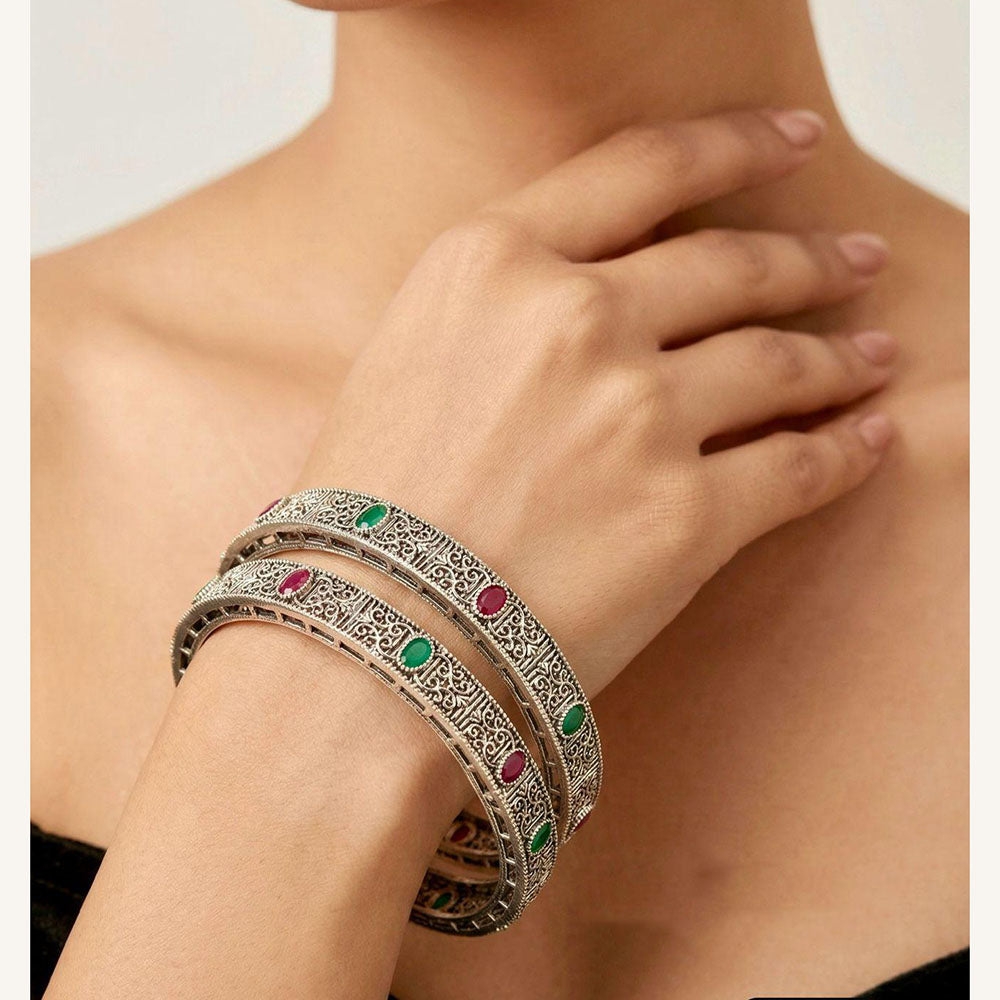 Pooja Bangles Oxidised Finish Pota Stone Designer Bangles Set