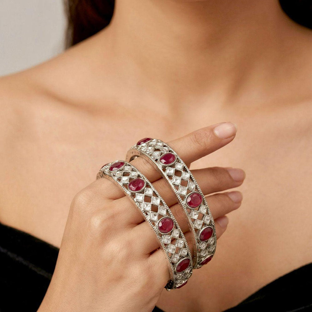 Pooja Bangles Oxidised Finish Pota Stone Designer Bangles Set