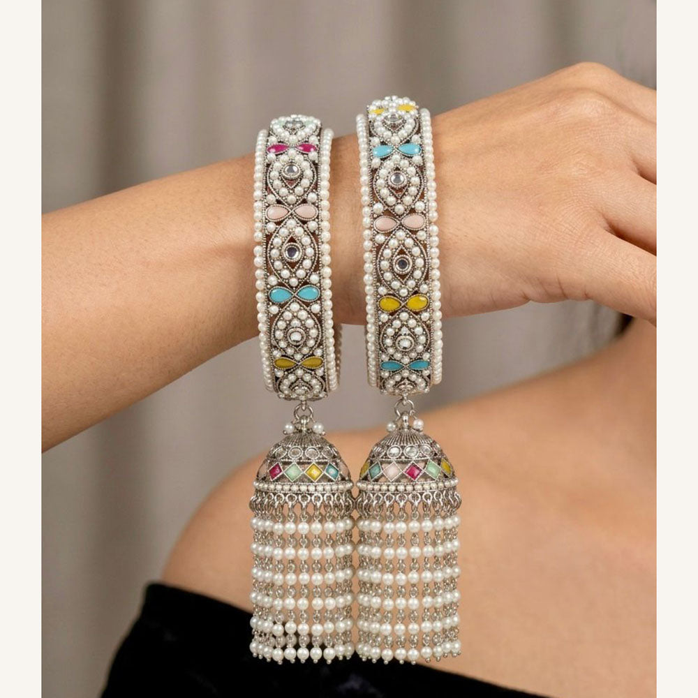 Pooja Bangles Oxidised Finish Pota Stone And Pearl Designer Bangles Set