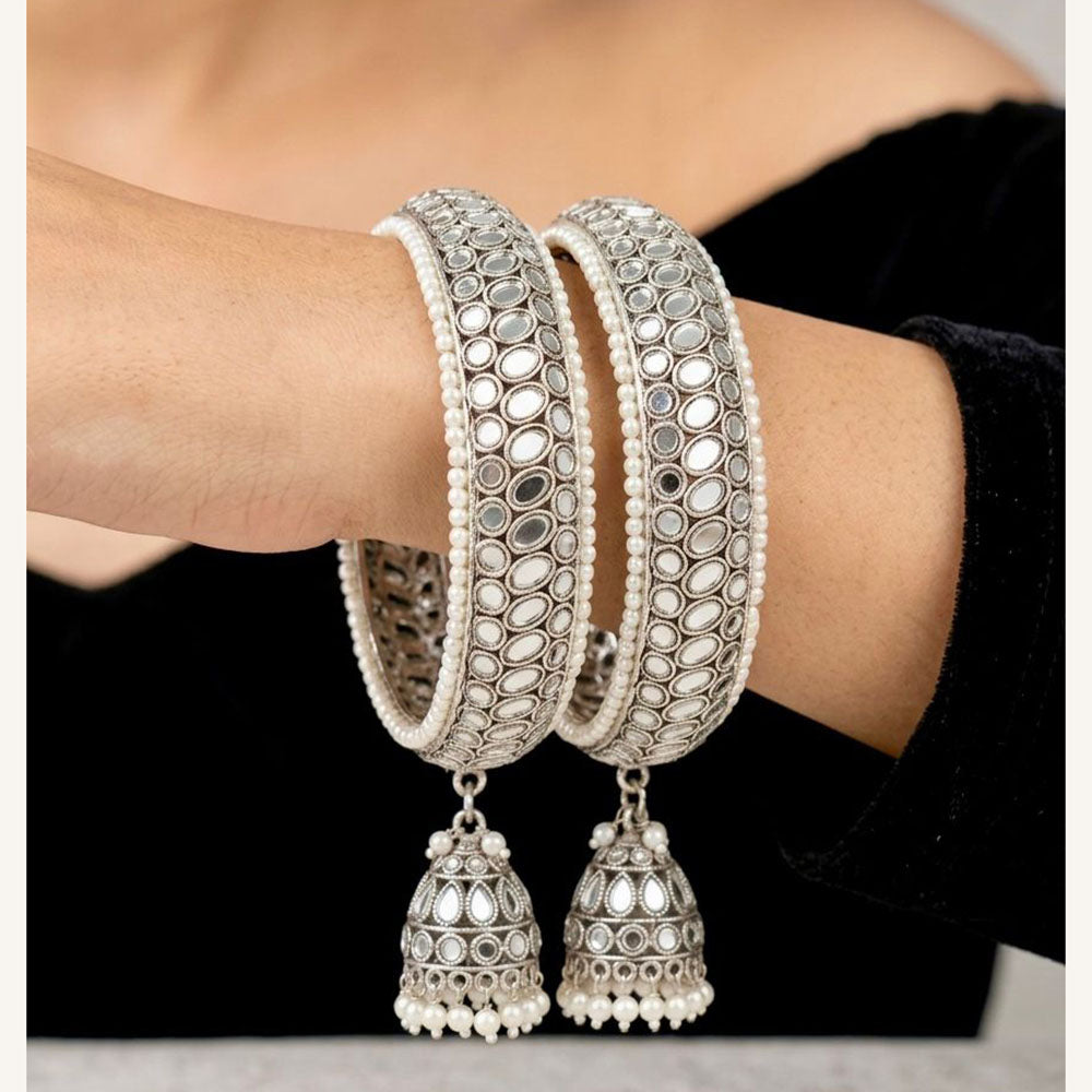 Pooja Bangles Vintage Style Mirror Work And Pearl Oxidised Bangles Set