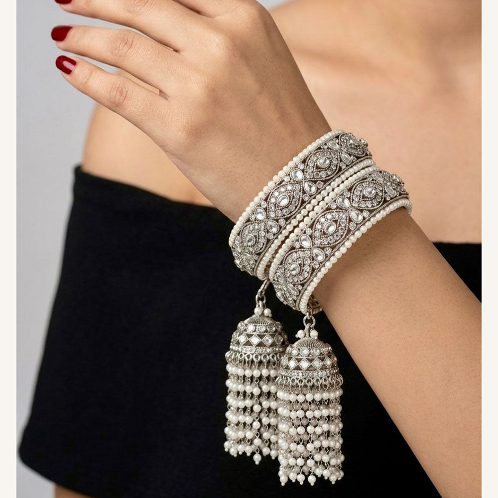 Pooja Bangles Oxidised Finish Kundan Stone And Pearl Designer Bangles Set