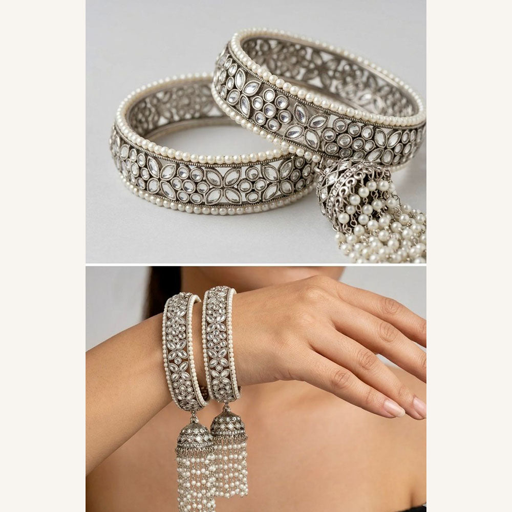 Pooja Bangles Oxidised Finish Kundan Stone And Pearl Designer Bangles Set