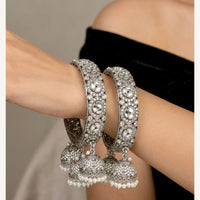 Pooja Bangles Oxidised Finish Kundan Stone And Pearl Designer Bangles Set