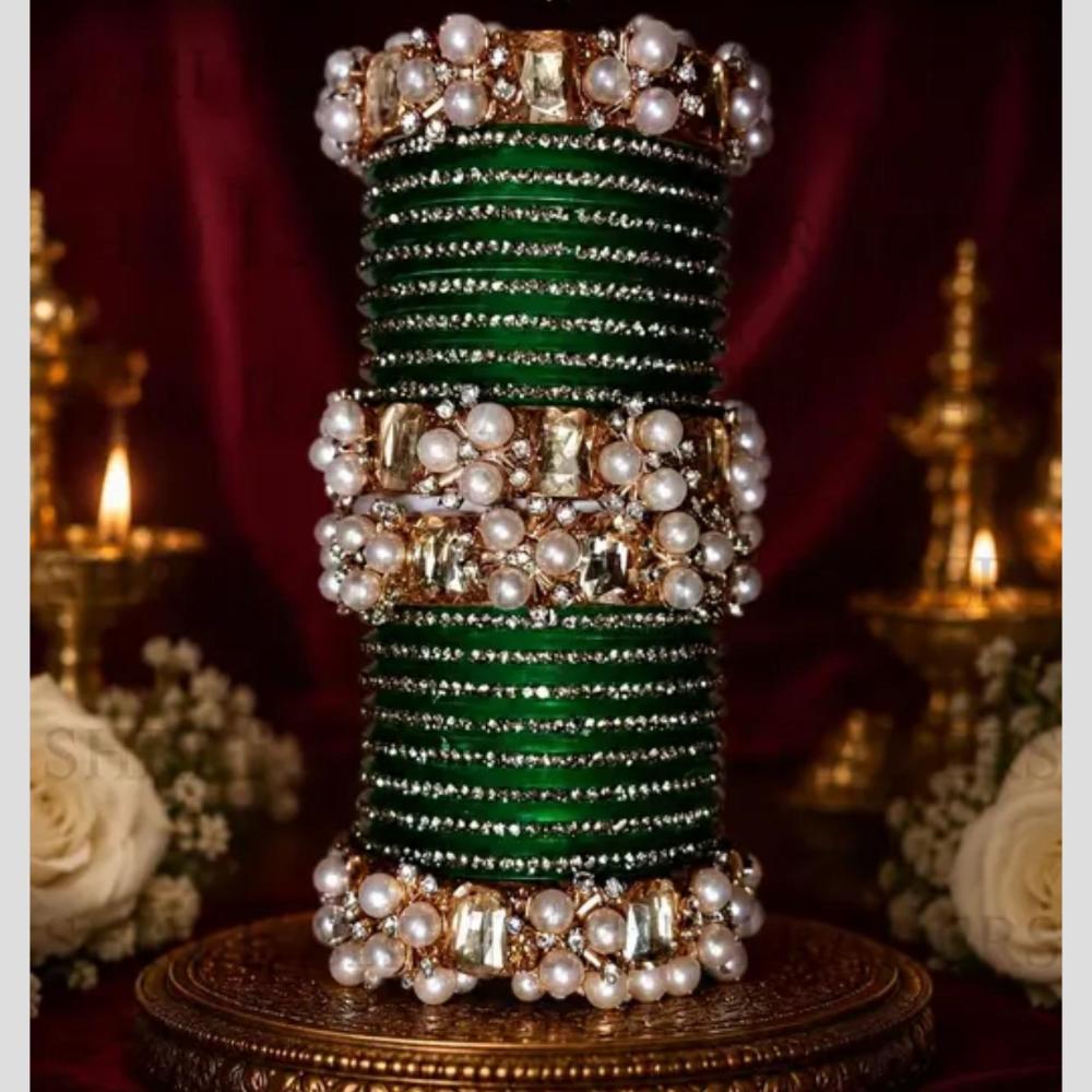 Pooja Bangles Glamorous Austrian Stone Pearl Occasion Wear Bangles Set