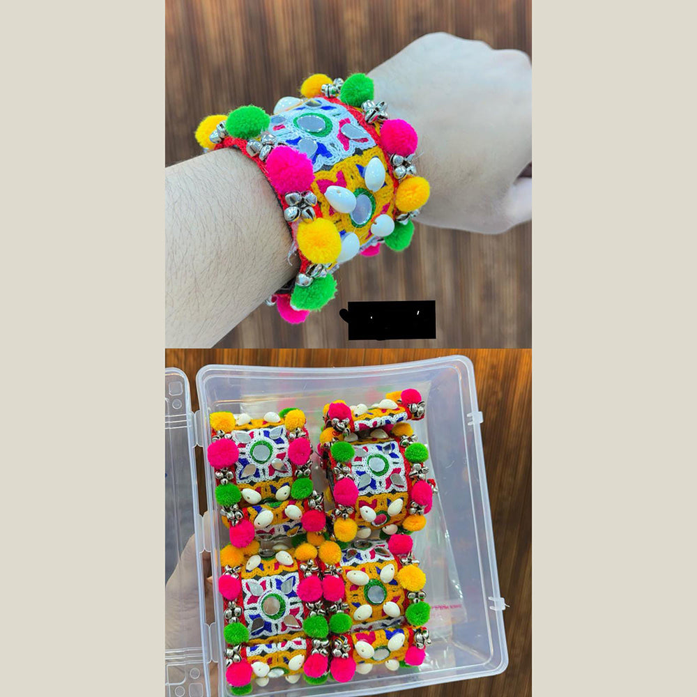 Pooja Bangles Navratri Special Mirror Shell And Pom Pom Openable Kada for Women -Pack of 4