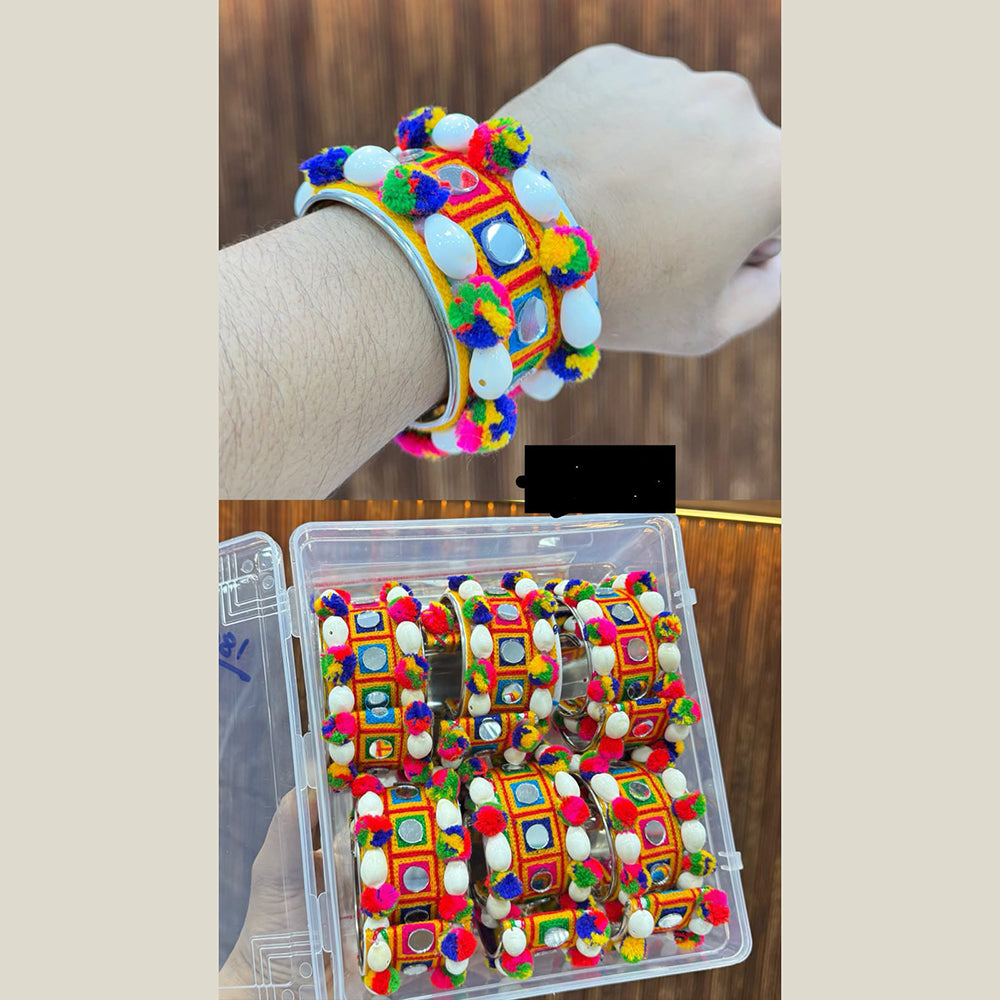 Pooja Bangles Navratri Special Mirror Shell And Pom Pom Openable Kada for Women -Pack of 6