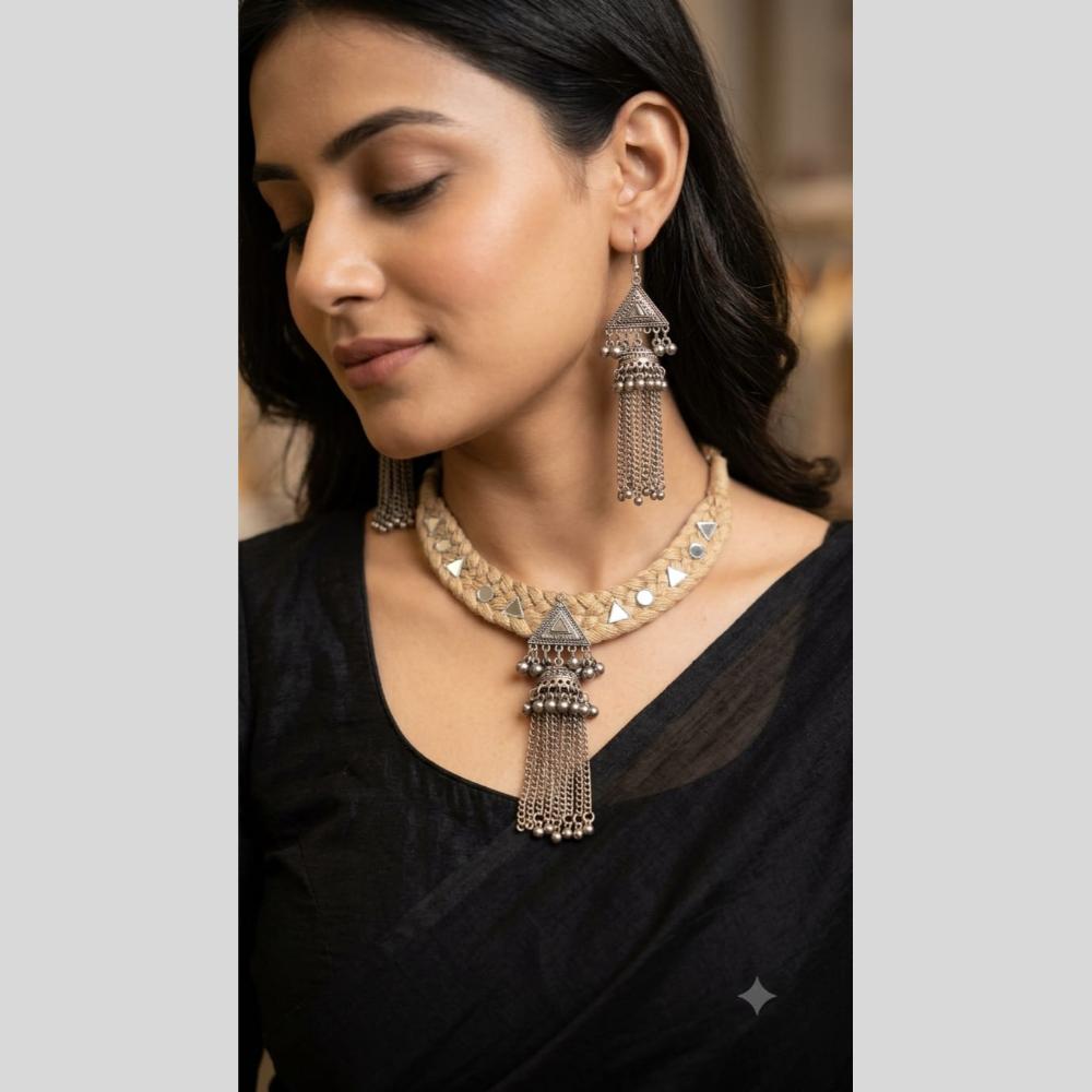 Pooja Bangles Oxidised Plated Fusion Mirror Choker Necklace Set