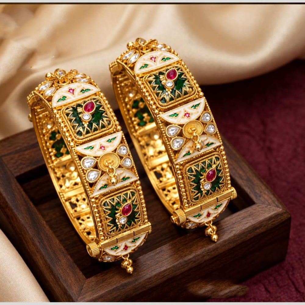 Pooja Bangles Premium Pota Stone And Pearl Meenakari Openable Bangles Set