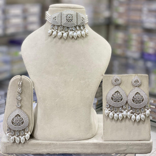 Hira Collection Silver  Plated  Reverse AD  And Pearl Necklace Set