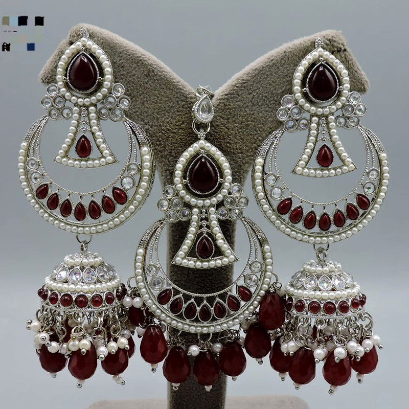 Hira Collection Silver Plated Crystal Stone And Pearls Earring With Maangtikka